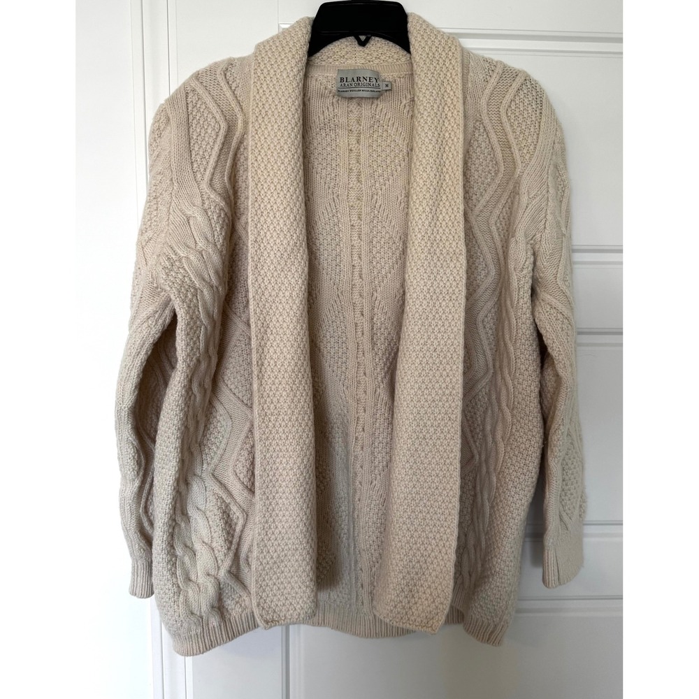 Blarney Aran Originals Wool Shawl Collar Cardigan Sweater Ivory Cream Medium